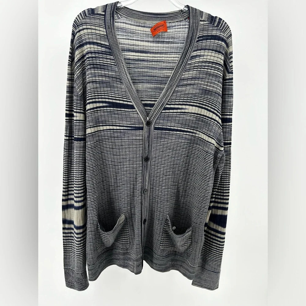Nwot Mens cardigan Missoni Size 58 XL/XXL Color Navy Ivory Thin Wool